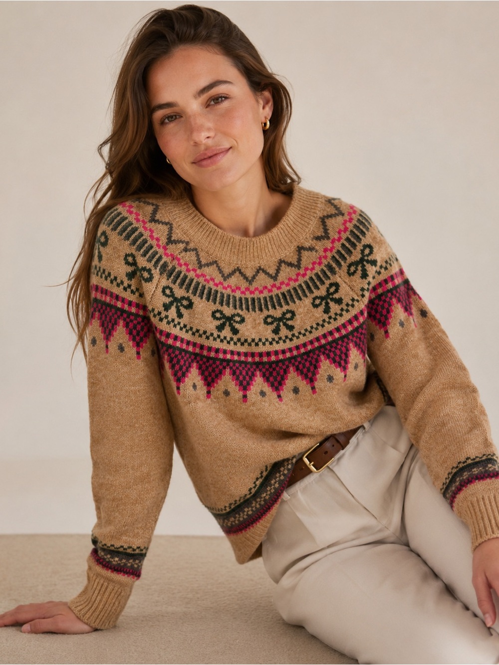 CeCe Bow Fair Isle Ribbon Detail Crewneck Sweater Preppy Festive Cozy Latte